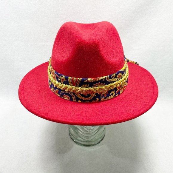 Custom Red Fedora with Gold Braid & Paisley Scarf Detail NWT main image 8